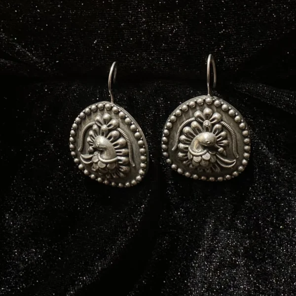 Peacock Crest Silver Oxidised Earrings